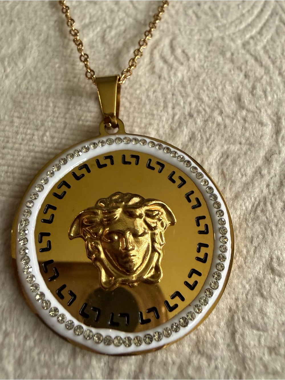Gold Medallion Pendant Necklace with Crystal Accents